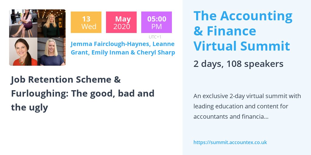 Job Retention Scheme &amp; Furloughing: The good, bad and the ugly.  4 days to go and we'll be discussing and sharing our experiences of JRS &amp; Furlough so far at the Accounting &amp; Finance Virtual Summit #AFVirtualSummit
13 May at 5pm, book your place here..
lnkd.in/di3pyET