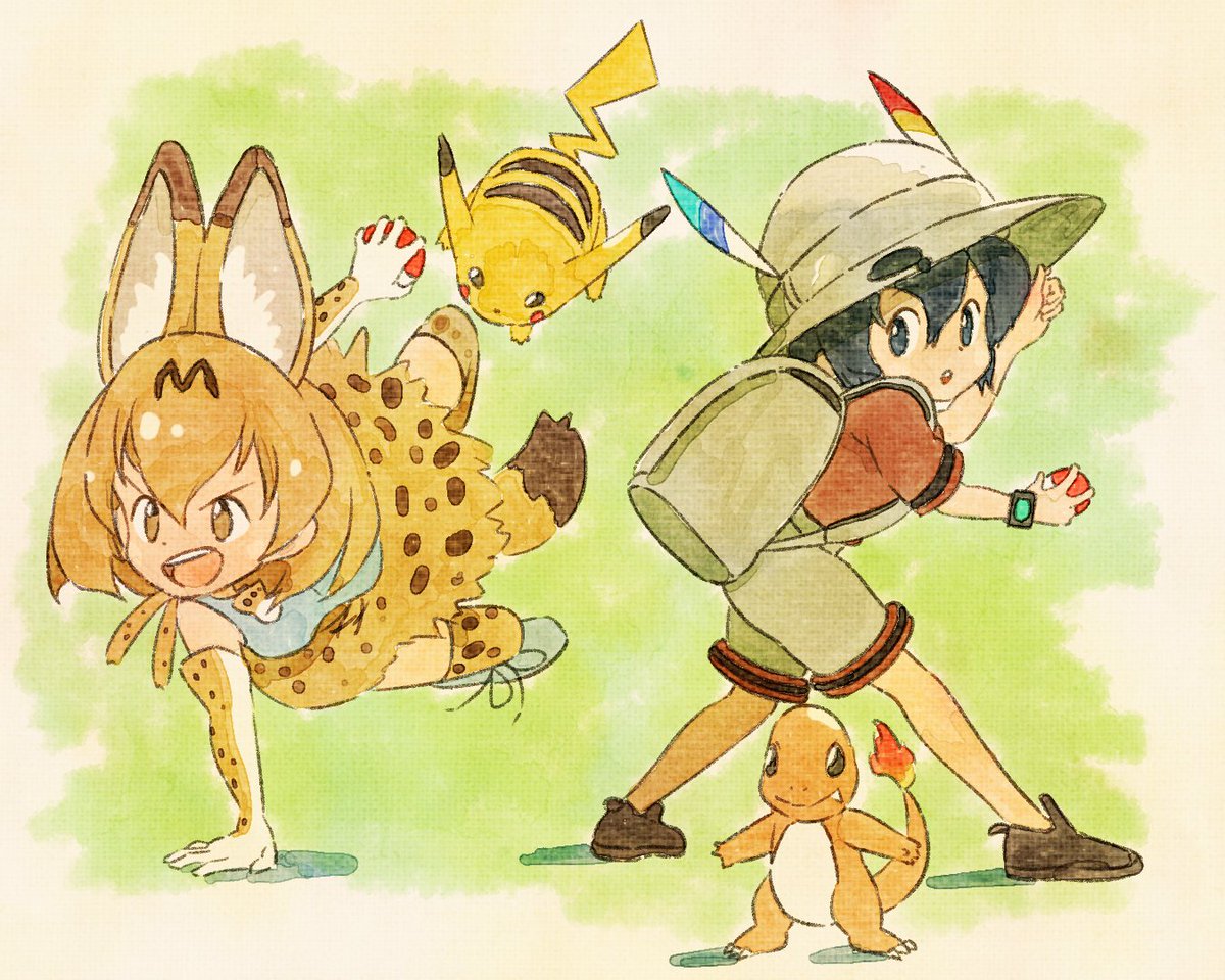 kaban (kemono friends) ,pikachu ,serval (kemono friends) serval print tail poke ball backpack holding poke ball pith helmet multiple girls  illustration images