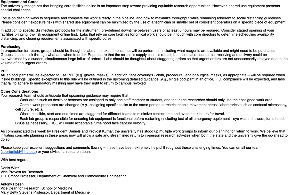 deniswirtz's tweet photo. Here is the message my colleague Prof. Antony Rosen and I addressed last night to the @JohnsHopkins research community.
This first message should help you start preparing your group to resume research activities on campus when we enter Phase 1.
Read carefully.
Thank you. https://t.co/jXirgwm37l