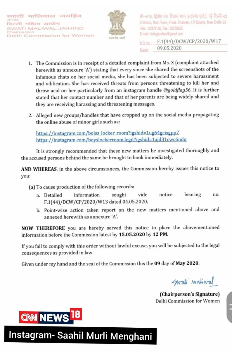  #VerifiedDCW has issued new notices to both Delhi Police & Instagram to take action against those giving death & acid attack threats to a MINOR GIRLIn  #BoysLockerRoom case, a minor girl has got multiple threatsPolice & IG ordered to reply by May15. I'll keep updating