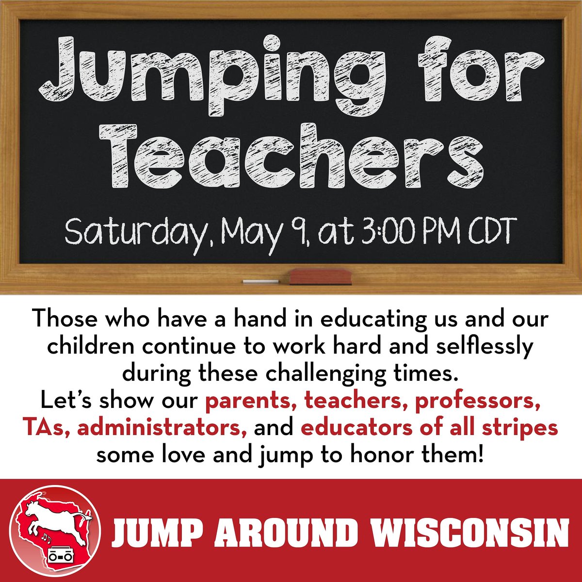 JumpWisconsin's tweet photo. Today (3pm CT) we #JUMPAROUNDWISCONSIN for #TeacherAppreciationWeek
Who are you going to #jumparound for? https://t.co/nea7FiwqmE