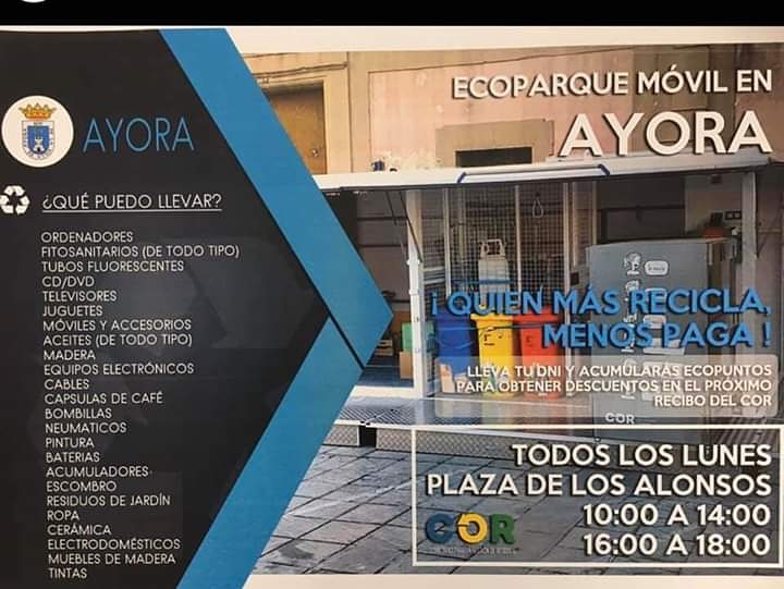 Servicio Ecoparques Móviles y Fijos

El Ayuntamiento de Ayora y el Consorcio COMUNICA que a partir del próximo lunes 11 de mayo los ecoparques móviles volverán a funcionar a pleno rendimiento, en sus rutas y horarios habituales, con un protocolo especial.