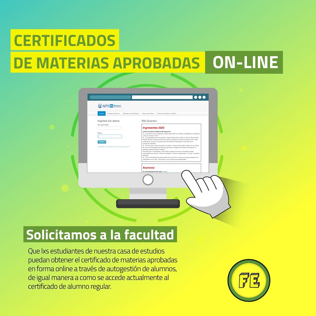 FEstudiantil's tweet photo. Solicitamos a la facu el CERTIFICADO DE MATERIAS APROBADAS ONLINE

Pedimos que el mismo pueda ser gestionado y generado de manera automática a través del Sistema Siu Guaraní, tal y como sucede actualmente con el Certificado de Alumno Regular Digital.
#EstamosParaAcompañarte https://t.co/kdcw3cGxpE