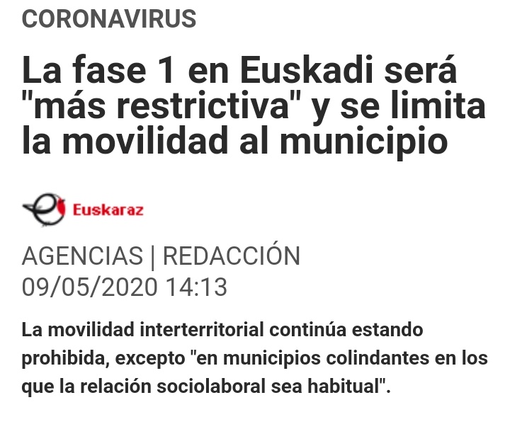 ‼ Hoy sabemos que la fase uno será "más restrictiva" en la CAV y que se limitará la movilidad al municipio.

Es decir, que la fase uno en la CAV responde más a criterios políticos que sanitarios. El PNV ha pactado con Sánchez una fase uno ad hoc y elecciones en julio, punto.
