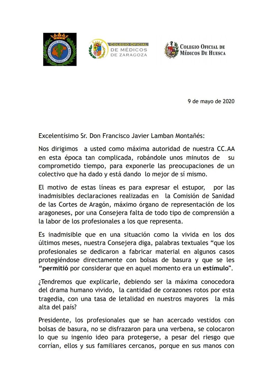 medicoszaragoza's tweet photo. Los presidentes de los colegios de médicos de Zaragoza, Huesca y Teruel  se dirigen  a @JLambanM a través de esta carta. Las declaraciones de Ventura son la gota que colma un vaso, repleto de incapacidad para la gestión y una muestra permanente de falta de empatía y decoro https://t.co/iEvLAd3U0b