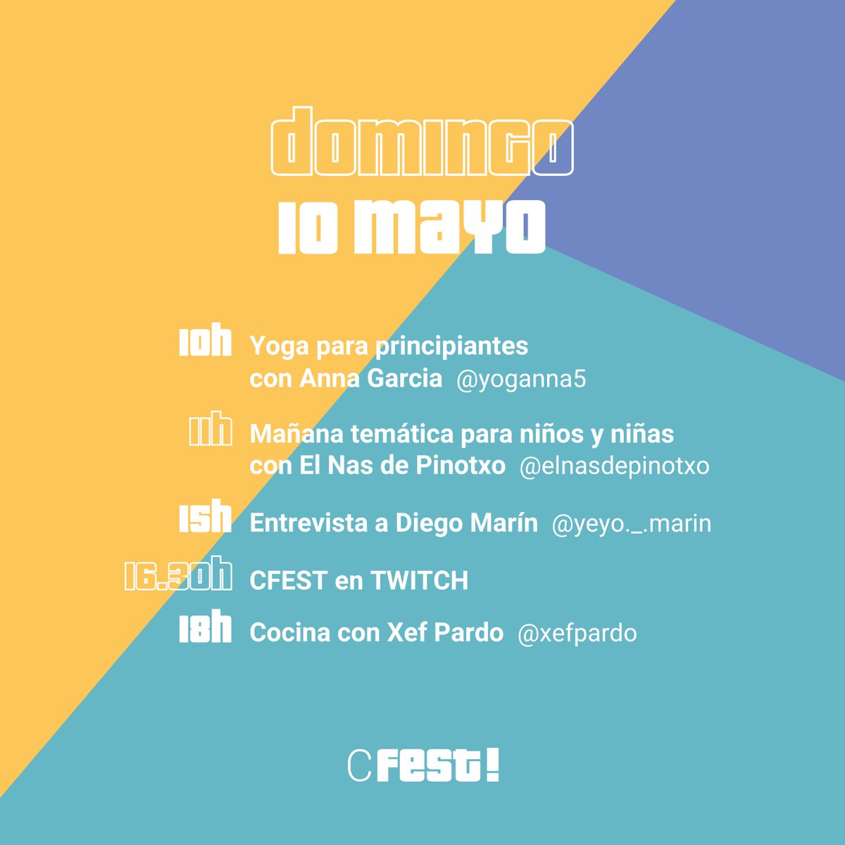 baresibares's tweet photo. MAÑANA 🟠 Domingo 10 de mayo CERRAMOS la QUINTA EDICIÓN de #Confinafest20 con un cartel que incluye las actividades con las que contamos cada semana, además de una charla/entrevista a Diego Marín 🙌. https://t.co/fBpqUEM72s