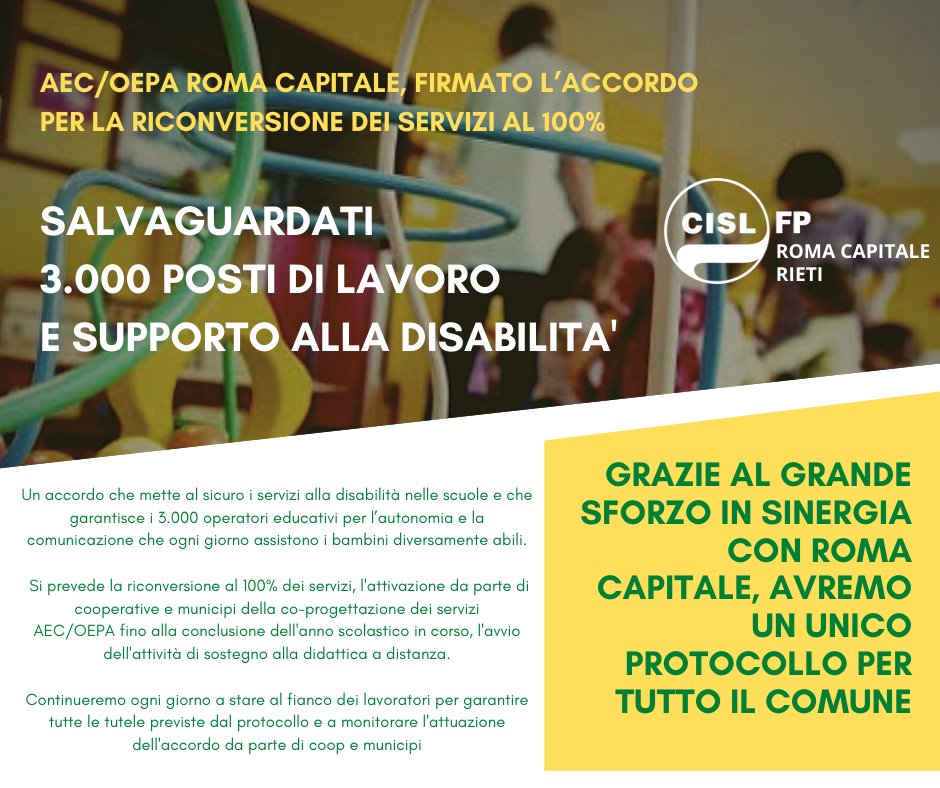 cislfproma's tweet photo. #Aec / #Oepa #RomaCapitale, firmato l’#accordo per la riconversione dei #servizi al 100%, #CgilCislUil: Ottimo risultato, un unico #protocollo per tutto il Comune #Roma. Salvaguardati 3.000 posti di #lavoro e supporto alla #disabilità per tutto l’anno scolastico
#ilmiolavorovale https://t.co/NQiPRbNtWy