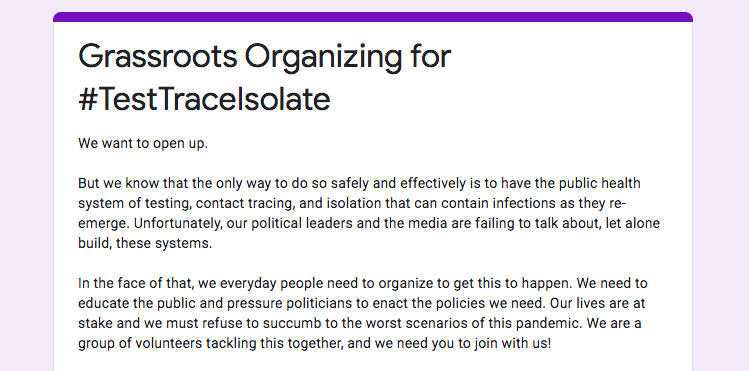 AndrewMakeTweet's tweet photo. To open up, we need #TestTraceIsolate systems.

To get that, we need a shared understanding of presymptomatic transmission and contact tracing, and political pressure built around it.

To have that, we need people organizing.

Want to organize?

SIGN UP: https://t.co/BqyURgUbVO https://t.co/Jo9eVvoqpK