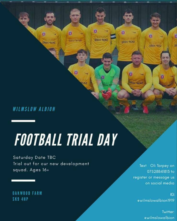 Wilmslowalbion's tweet photo. Wilmslow Albion will be hosting a trial day for our brand new development squad for players aged 16+!
Players from any position are welcome to come to try out. Message manager Oli or our social media pages to register your interest!
#Wilmslow #ManchesterFootball #Cheshire https://t.co/akQ2Xv7nbM