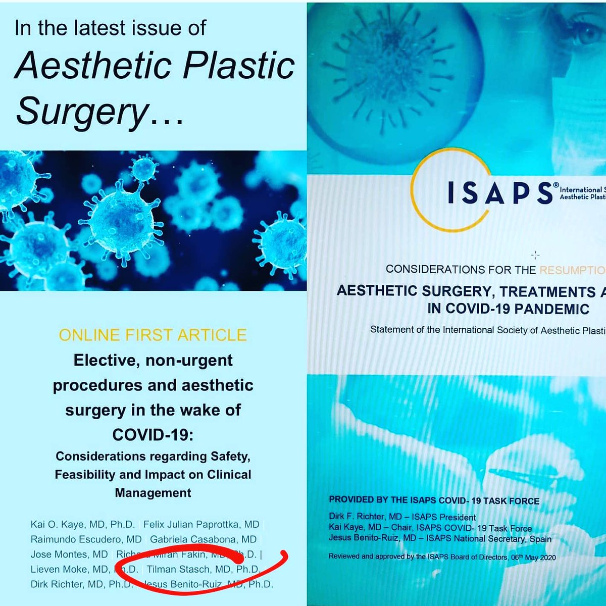 Proud to be part of a team of international experts authoring a fundamental article on the safe return to surgical ops after the COVID-19 pandemic. 
#ISAPS #AestheticPlasticSurgeryJournal
#COVID19 #coronaviruskenya #globalstrategies #guideline