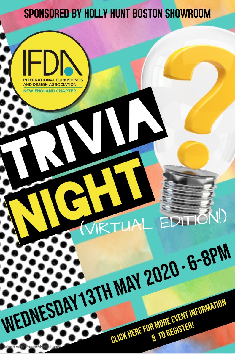 IFDANEC's tweet photo. Join IFDA New England for Team Pop Quiz Trivia - Virtual Edition- on Wednesday, May 13th from 6:00pm-8:00pm, sponsored by Holly Hunt! #free #trivia #ifdane #newengland #virtual #zoom #boston #design #build https://t.co/Yg8PtomDyH https://t.co/WuNSk0SZqP