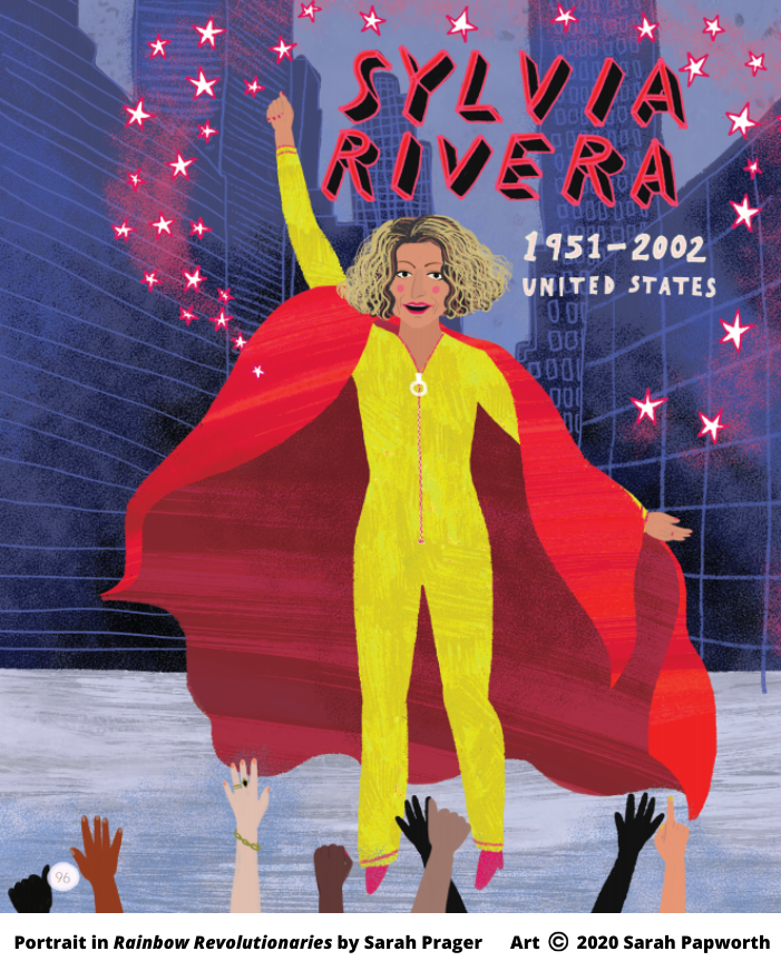 Each of the featured 50 figures gets a spread with a full-page portrait by Sarah Papworth on the left page and a mini-biography on the right page. Look for the details in the portraits, like how Sylvia Rivera is surrounded by stars to symbolize her and Marsha's org, STAR.