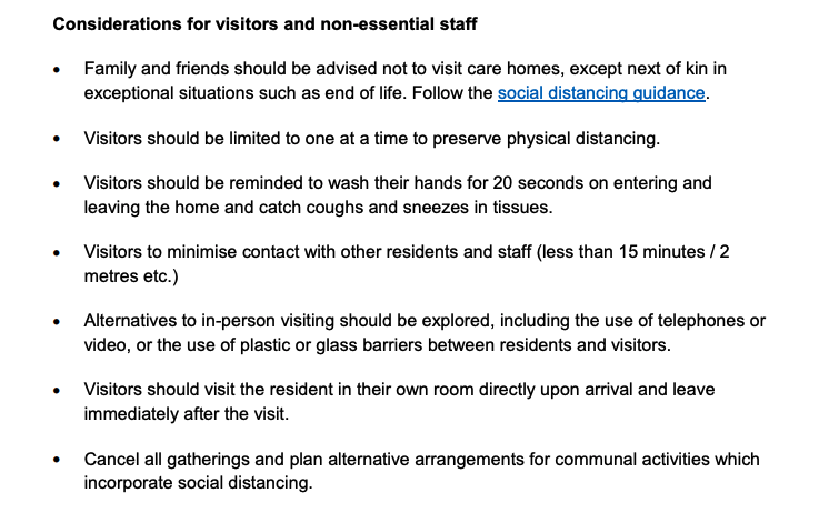 Also contrast the difference in approach to visits by family. Again,  left and  right. Note the use of the term "loved one". Read the last bullet point in the  document  The  guidance seems bereft of humanity.