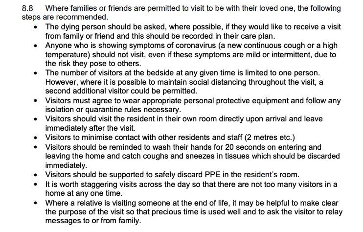 Also contrast the difference in approach to visits by family. Again,  left and  right. Note the use of the term "loved one". Read the last bullet point in the  document  The  guidance seems bereft of humanity.