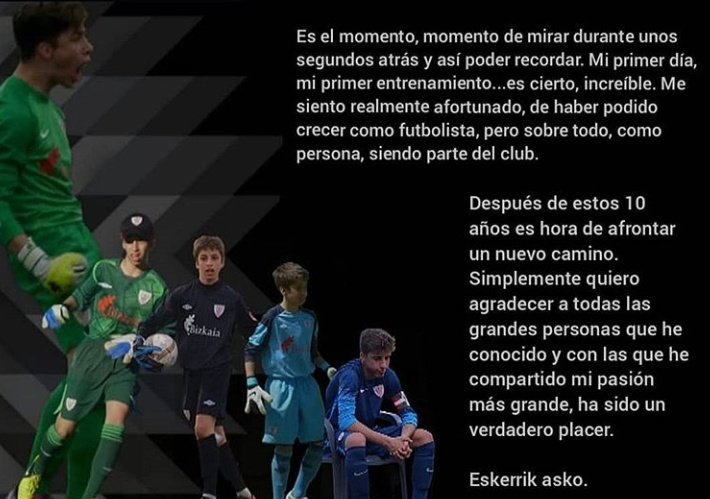 El portero Unai Llorente se despide del Athletic y de Lezama tras 10 años. Entró con 10 años en el Alevín D.
🤝❤⚪⚽️