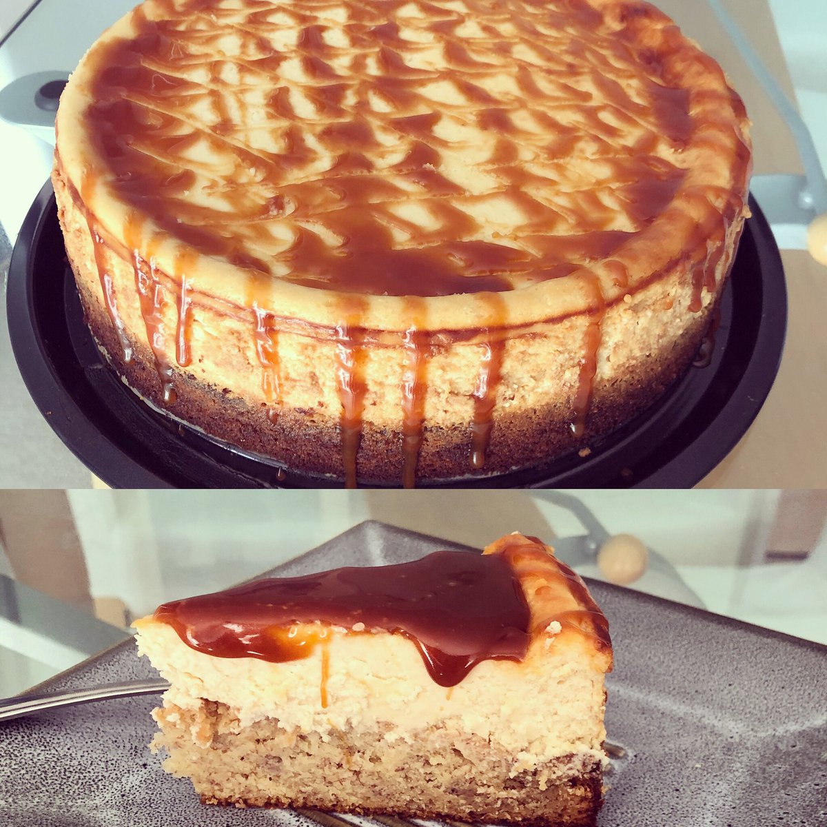 My ‘bake a cake’ entry to the <a href="/RegentsParkCC/">Regents Park Community College</a>  #lockdownchallenge 
Banana Bread based Cheesecake with homemade caramel sauce! 🍰🍮👩🏽‍🍳