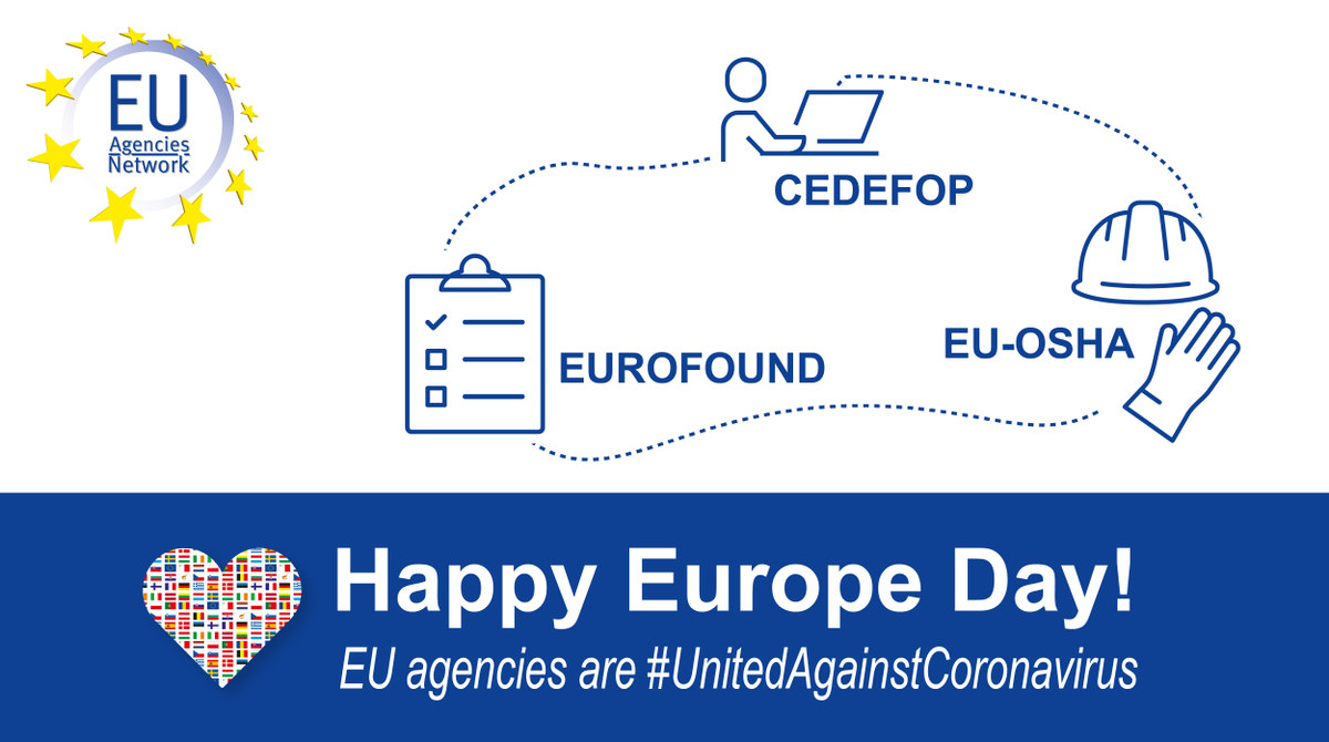 Cedefop's tweet image. #EUAgencies monitor #Covid19’s impact on working life: @Cedefop monitors impact on training &amp;amp; labour market, @Eurofound surveys people’s quality of life and work during the pandemic and @EU_OSHA gives guidance on worker protection. Happy #EuropeDay! #UnitedAgainstCoronavirus