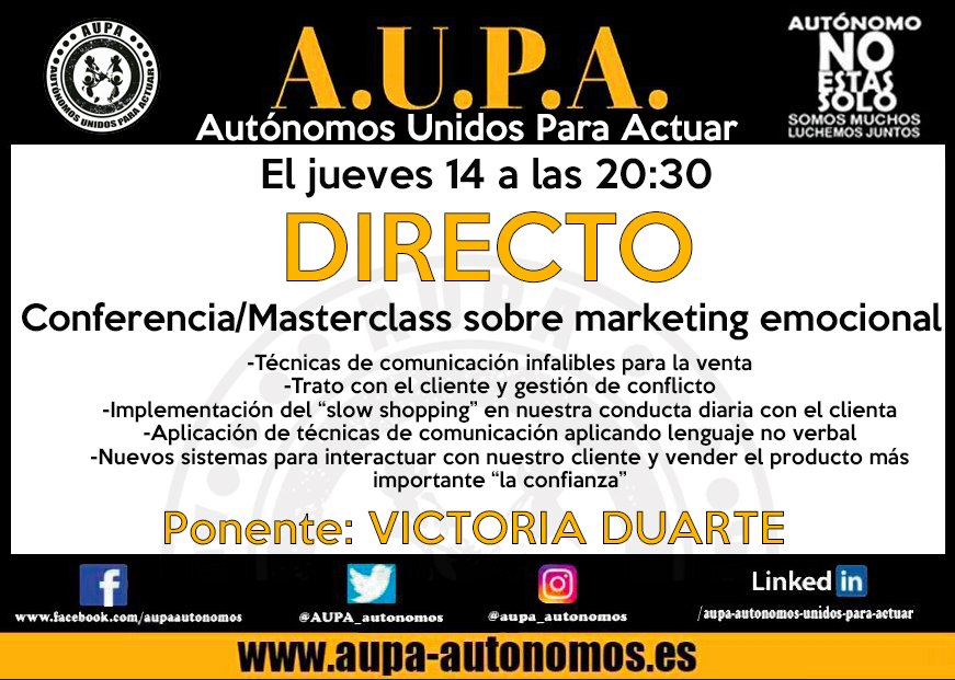 El próximo jueves en nuestra red de Facebook, retomamos los directos con Victoria Galvez Duarte para un taller de marketing emocional. Sobre el trato con el cliente, como vender confianza...
 
Sera interesante y muy útil para nuestros negocios. No te lo pierdas!!
 #FelizSabado