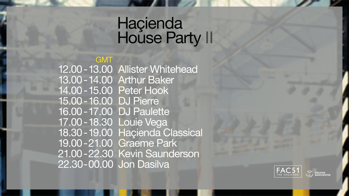 The @Fac51Hacienda House Party Part II

Tune in from 12 noon
Unitedwestream.co.uk
@Twitter @streamGM
@Youtube United We Stream Greater Manchester
Event Link - bit.ly/HacHousePartyI…
<a href="/Twitch/">Twitch</a> @unitedwestreamgm
Insta/FB @unitedwestreamgm

Donate – bit.ly/HaciendaHouseP…