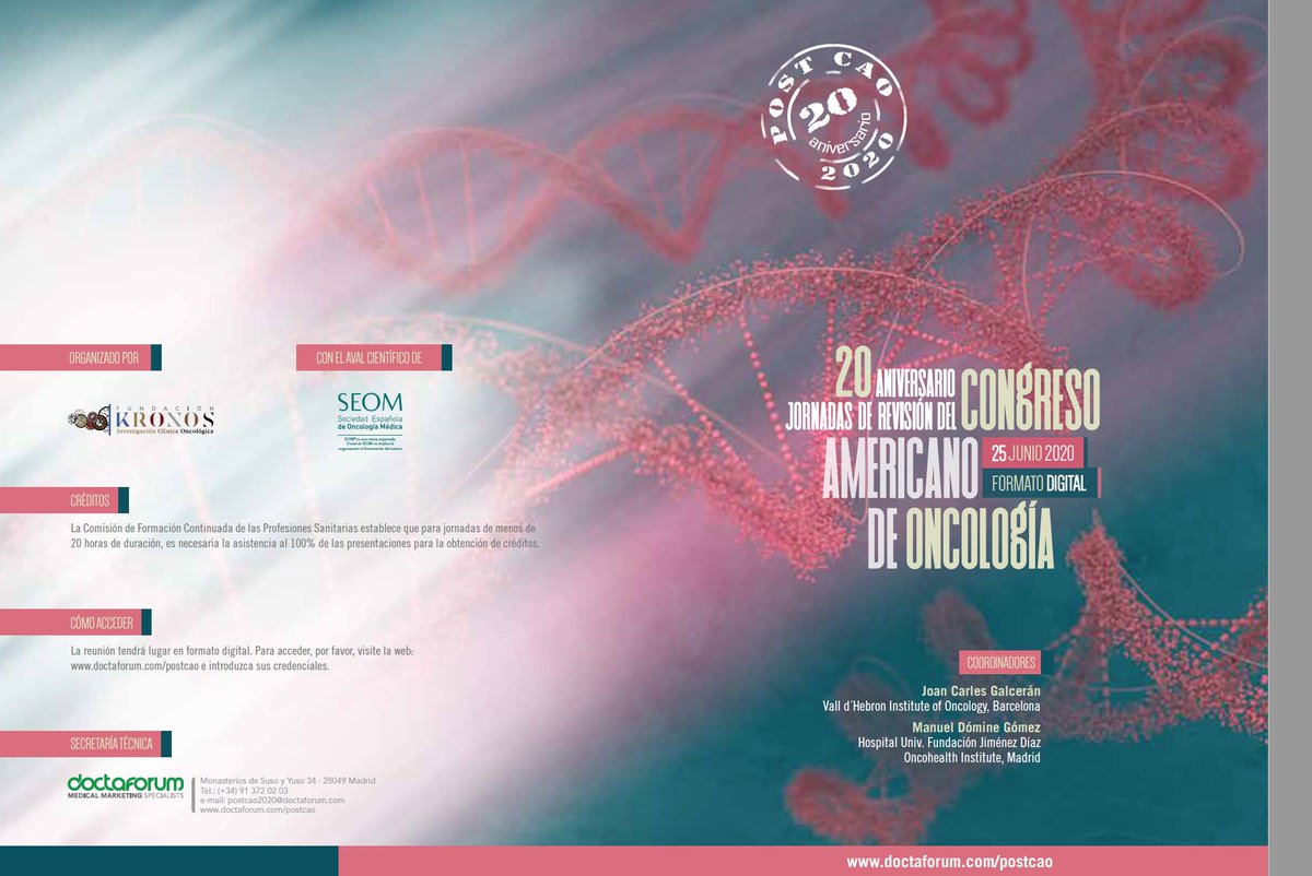 ManuelDomine's tweet photo. XXJornadas de revisión del Congreso Americano de Oncología. POSTCAO 2020 VIRTUAL. 20 años de experiencia con los mejores ponentes en streaming, discusión y preguntas en directo (25 Jun, tarde). Ya se pueden hacer las incripciones en la pagina web. @Hospital_FJD @vallhebron @_SEOM https://t.co/oVHUjo7xVY