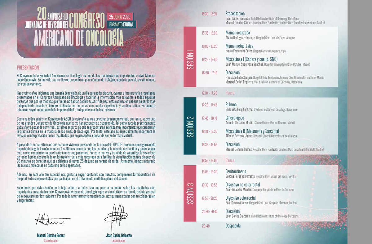 ManuelDomine's tweet photo. XXJornadas de revisión del Congreso Americano de Oncología. POSTCAO 2020 VIRTUAL. 20 años de experiencia con los mejores ponentes en streaming, discusión y preguntas en directo (25 Jun, tarde). Ya se pueden hacer las incripciones en la pagina web. @Hospital_FJD @vallhebron @_SEOM https://t.co/oVHUjo7xVY