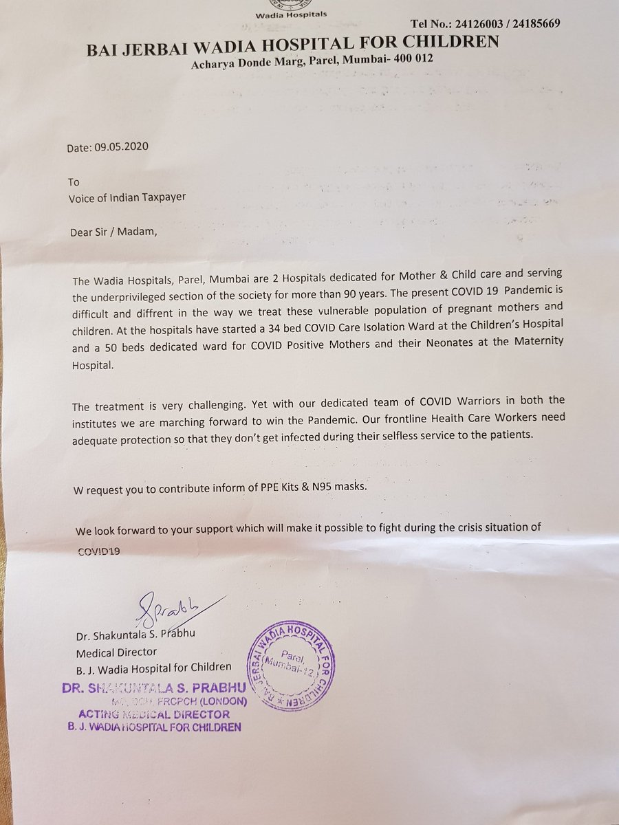 anjali_damania's tweet photo. Wadia Children's hospital has started a 34 bed Isolation ward and 50 bed ward for Covid Positive mothers and neonates

Today we @CitizenT4ce @VITspeaks have handed over 100 PPE &amp; 100 N95  to Dr Karkera of Wadia Children's hospital. @VishalDadlani https://t.co/x0ca4Rp3vM