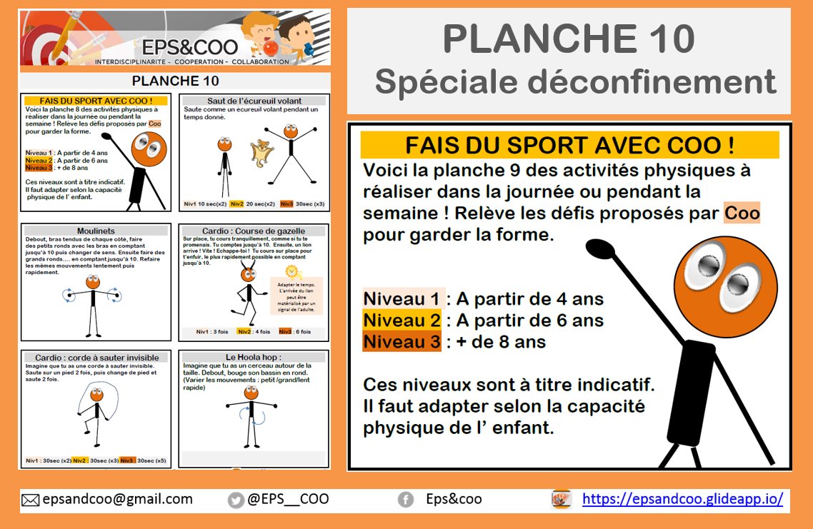 EPS__COO's tweet photo. Bouge à l'école ou à la maison avec COO planche 10 édition spéciale déconfinement! Des exercices ludiques pour garder la forme sans matériel.
 #continuitépédagogique #reprise #EPS

👉A télécharger sur l'appli : https://t.co/cBpXXgbMvG https://t.co/YyRCkcEYKd