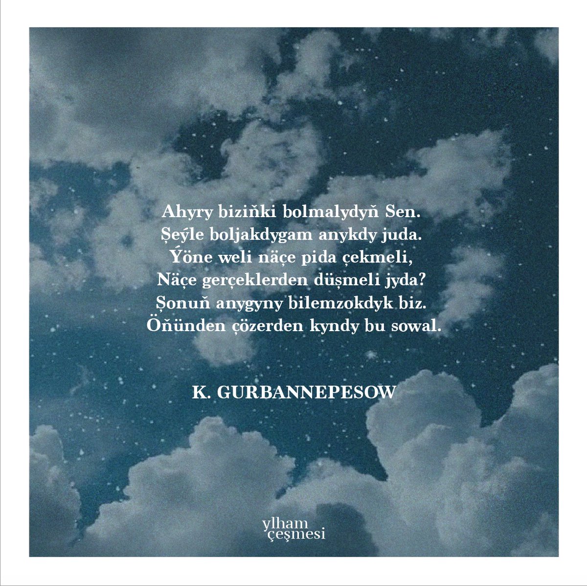 ylhamcesmesi's tweet photo. Kerim Gurbannepesow - " Ýeňiş "
Çeşme : https://t.co/YszoRxWIXB

Ýeňiş
Ýanwardamy,
Apreldemi,
Maýdamy,
Ýa başga aýdamy – gelerkäň haçan?
Çözülýänçä bu sowalyň jogaby,
Milýon ömürleri äkitdi ajal.

............. https://t.co/VmnqYDqoxV