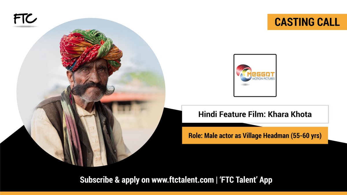 FTCTalent's tweet photo. We are seeking for an aged #MaleActor within the age of 55 - 60 years to play the role of a #VillageHeadman with a strong personality for an Upcoming Film #KharaKhota.
Web: https://t.co/C2tbHRJtXz
App: FTC Talent
#MaleActors #FTCTalent #VillageHeadmanRole #HeadmanRole #Oldman https://t.co/BDvCrqUfwf