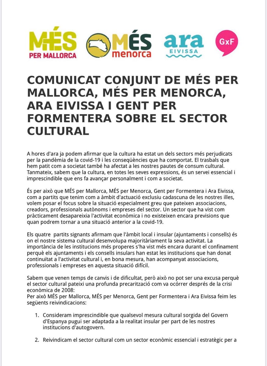 gentxformentera's tweet photo. Les forces polítiques d’esquerres insularistes, en aquests moments de canvis i de dificultat, reivindiquem mesures urgents pel sector cultural i li donem tot el nostre suport.
La cultura és essencial i hem d’actuar
#gxf #unailla #uncamí #unagent https://t.co/GNDkYay7tZ