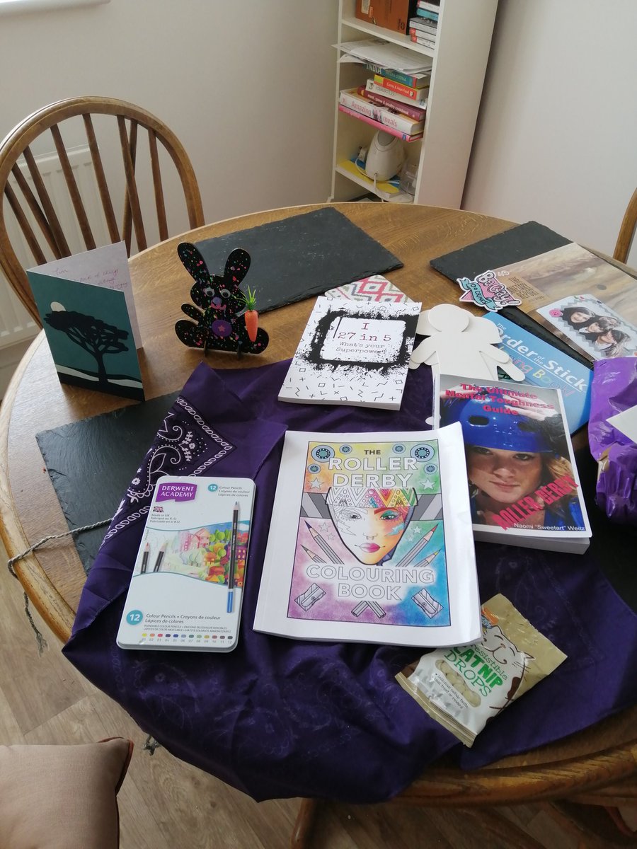 shoddyknight's tweet photo. Aaaah, a care package from the wonderful Dani, my teammate in @WHRollers 💜💜

All, of course, wrapped in a purple bandana.

I'm crying. Love these peeps https://t.co/VZilWYkJOu