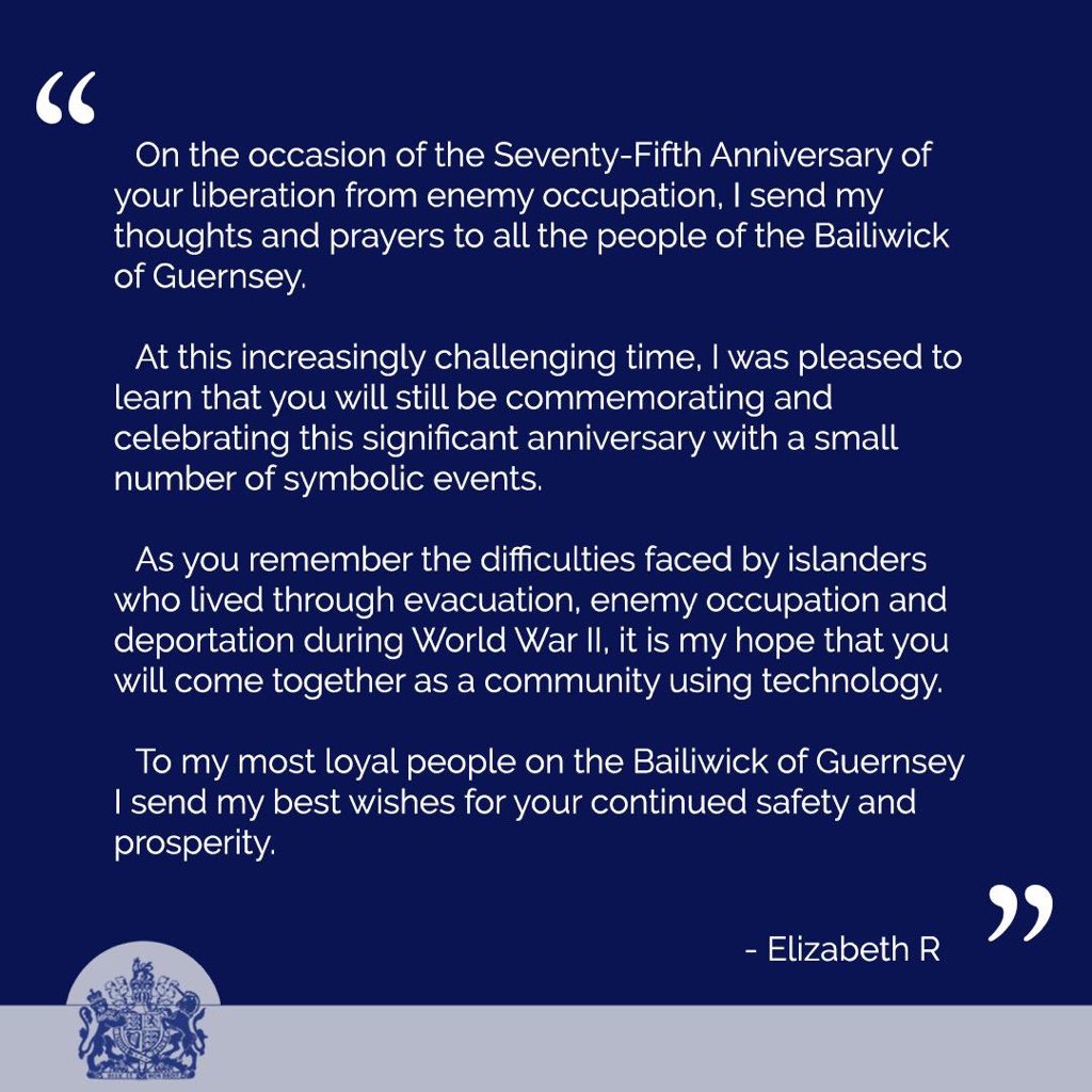 The Queen has sent her warmest greetings to the Channel Islands on the 75th anniversary of Liberation Day.
 
Liberation Day is celebrated on 9 May, to mark the end of the German Occupation of the Channel Islands during the Second World War.