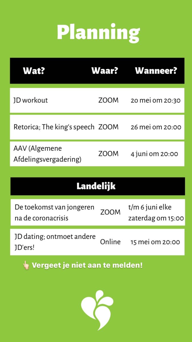 Onze (online) planning voor de komende maand!🎉
Wil je langskomen, stuur ons gewoon een PB!