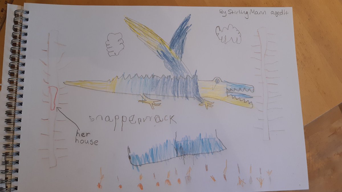 RuthWrite8's tweet photo. #createwithcress @CressidaCowell 

A Snapperwack by Stirling aged 4 (outline by mum), flying over a pond from her house in one tree towards another on an autumn day with cloudy skies. https://t.co/iOkck5IAAZ