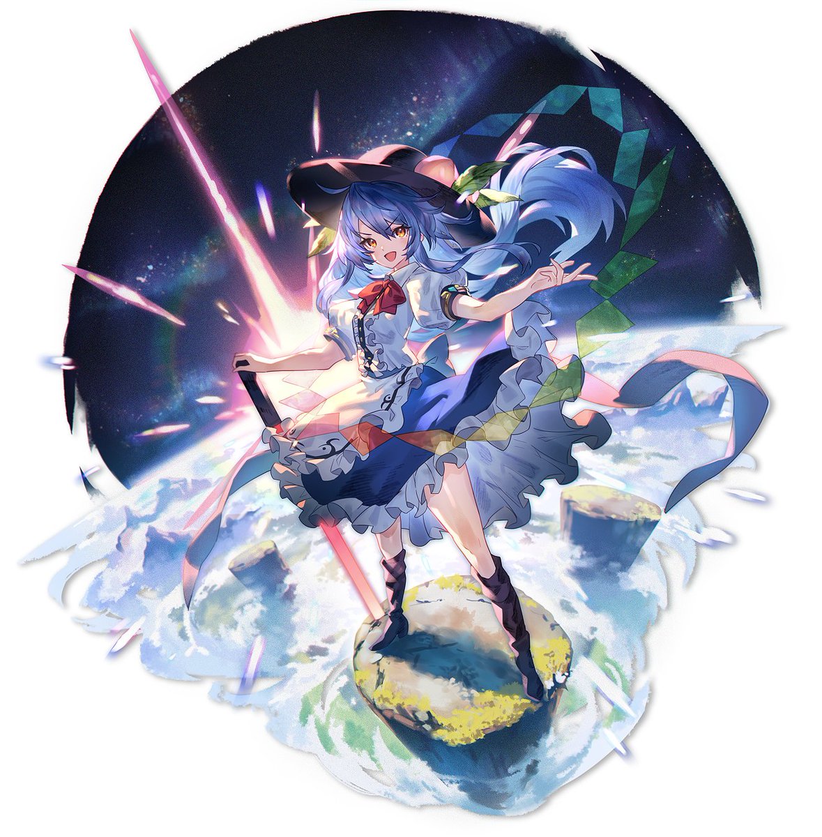 hinanawi tenshi 1girl solo long hair short sleeves blue hair skirt sword of hisou  illustration images