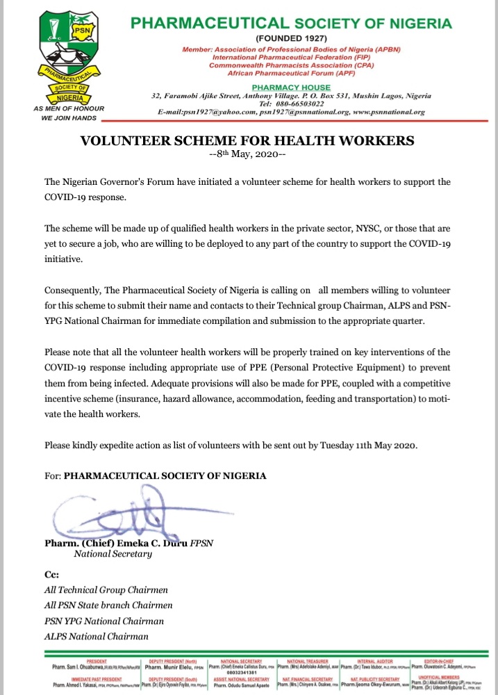 SOhuabunwa_OFR's tweet photo. VOLUNTEER SCHEME FOR HEALTH WORKERS

The Nigerian Governors' Forum have initiated a volunteer scheme for health workers to support the #Covid_19 response.

The scheme is open for qualified health workers in the private sector, NYSC or those yet to secure a job

Read up here👇👇👇 https://t.co/wbsdOVWySb