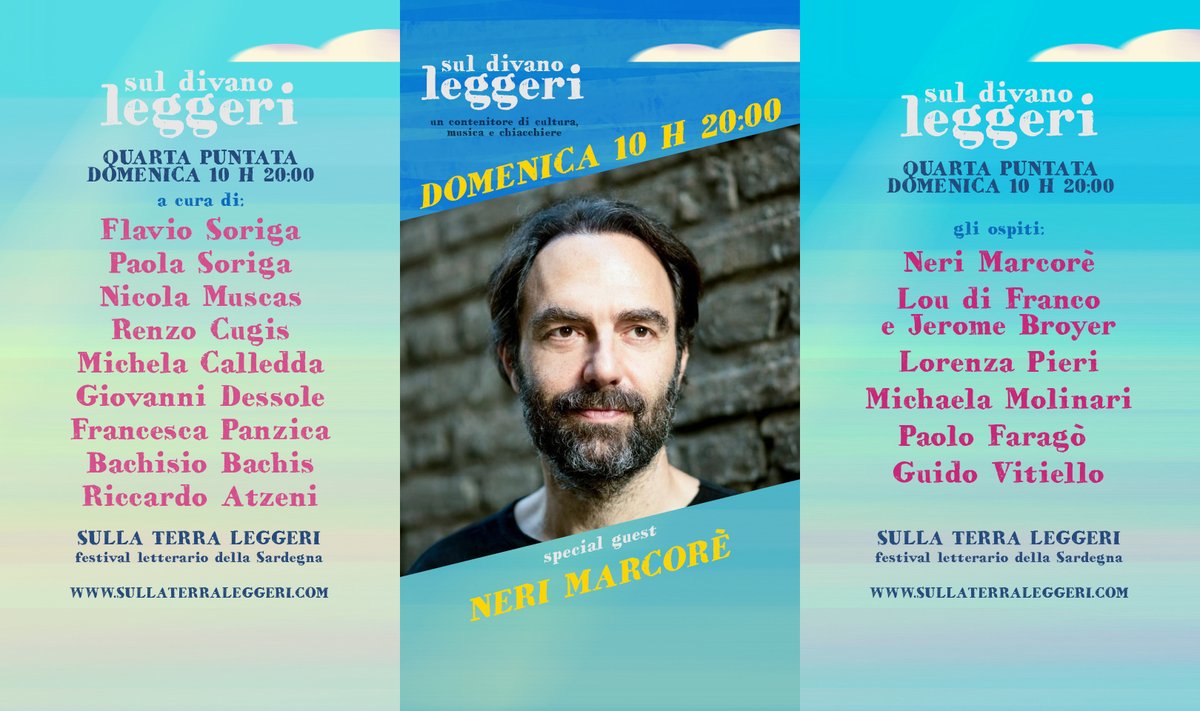 IV appuntamento con #SulDivanoLeggeri, quarta domenica tra musica, libri, sport, storie e città lontane: con Lou di Franco @LorenzaPieri <a href="/guidotweet/">Guido Vitiello</a> e due ospiti eccezionali: <a href="/NeriMarcore/">Neri Marcorè</a> e il giocatore del <a href="/CagliariCalcio/">Cagliari Calcio</a> <a href="/PaoloFarag/">Paolo Faragò</a>  
Domani alle 20:00 sulla nostra pagina fb