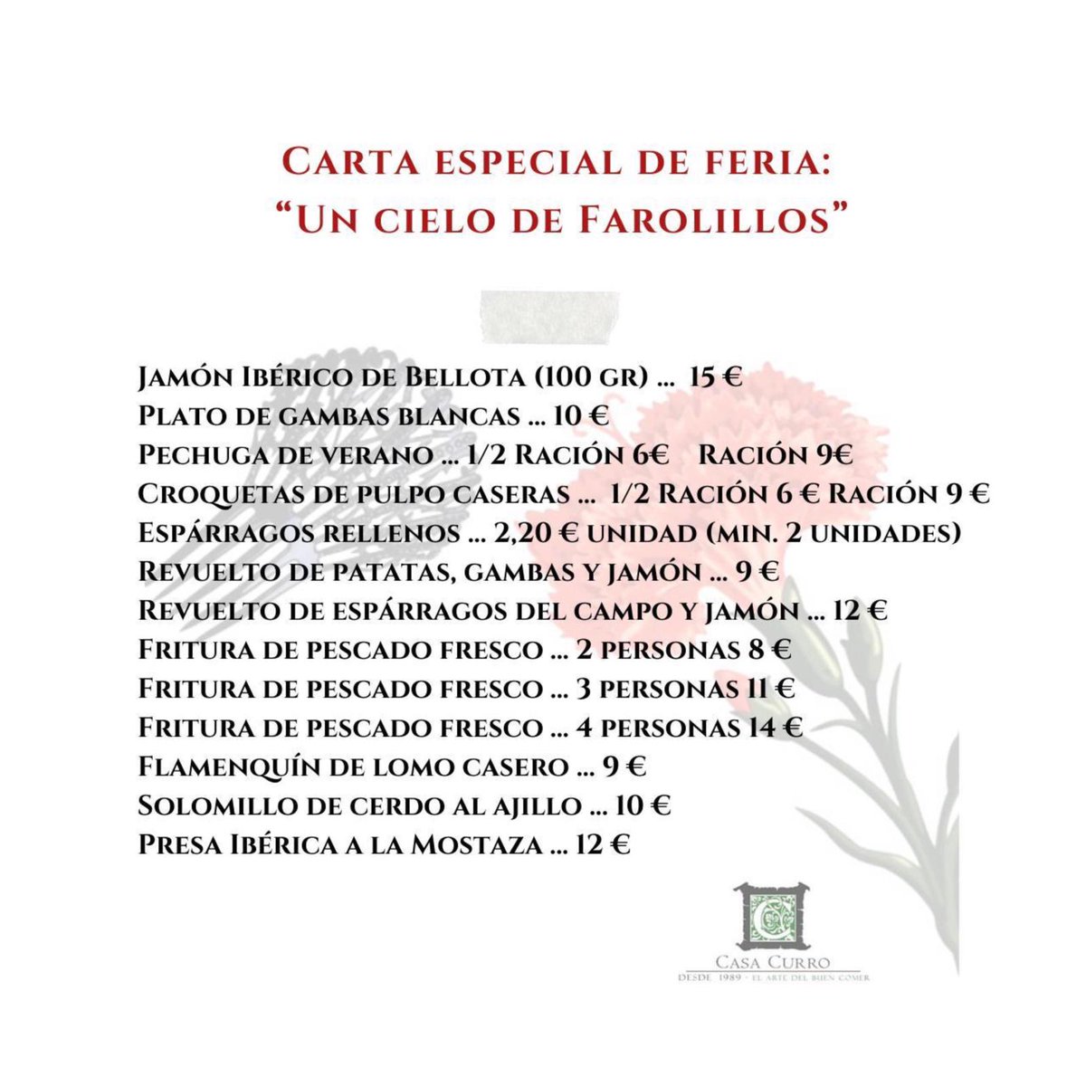 Buenos días, aquí os dejamos nuestra carta de feria!!! Los pedidos se realizarán mediante llamada o WhatsApp a los siguientes números : 955820758, 650321390, 630501768. Dispondremos de reparto a domicilio o recogida en el local, desde el 12 al 16 de mayo.