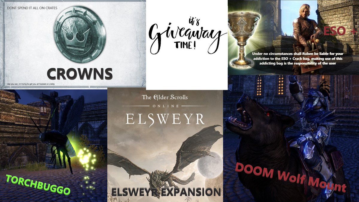 RubenSky_Twitch's tweet photo. Giveaway Time!!! 
All Platforms and Servers can enter:

Prices:

* ESO+
* Crowns
* Torchbuggo
* Elsweyr (Base game + expansion)
* Doomwolf Mount
* Hot blooded bantam Guar pet

Retweet, and... that's it! All you need to do to enter is retweet :)

Winners drawn Monday! https://t.co/E6UaMu5Bwb