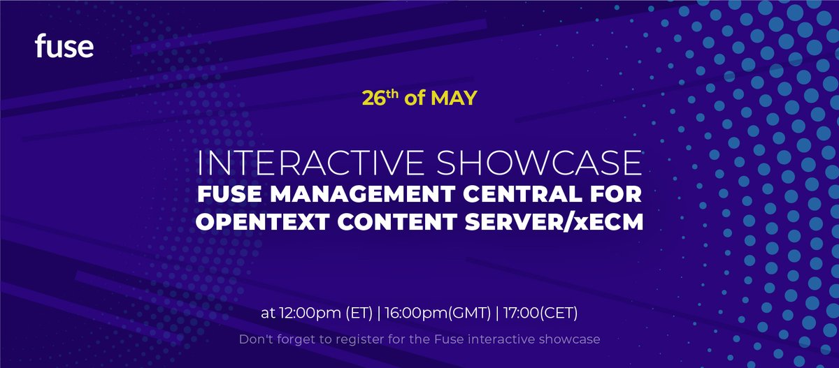 VILT (@viltgroup) on Twitter photo Don't miss the Fuse Management Central for OpenText Content Server/ xECM Interactive Showcase with lot's of news, including a 1.1.0 sneak peek!!
#fuse #otcs #csp #opentext #vilt
Sign-up up now---> lnkd.in/dTvP36Z
Any questions? Contact us at--> marketing@vilt-group.com Don't miss the Fuse Management Central for OpenText Content Server/ xECM Interactive Showcase with lot's of news, including a 1.1.0 sneak peek!!
#fuse #otcs #csp #opentext #vilt
Sign-up up now---> lnkd.in/dTvP36Z
Any questions? Contact us at--> marketing@vilt-group.com