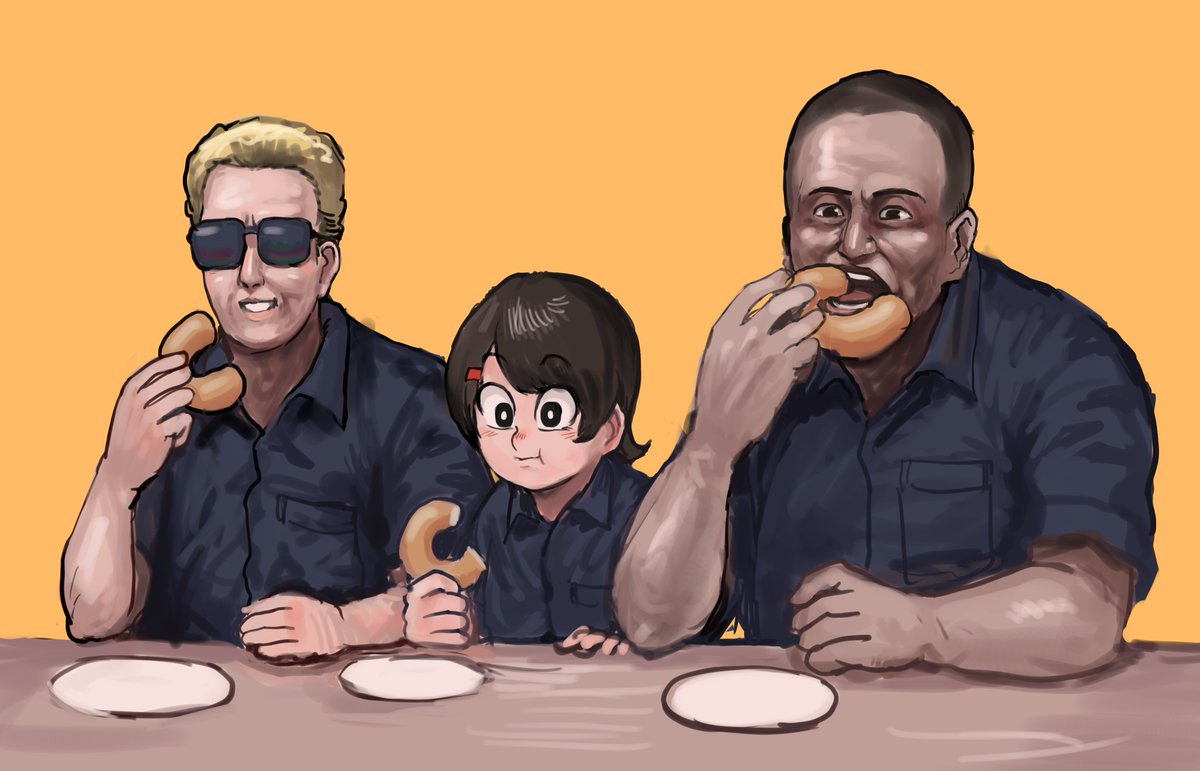 1girl multiple boys 2boys food eating sunglasses black hair  illustration images