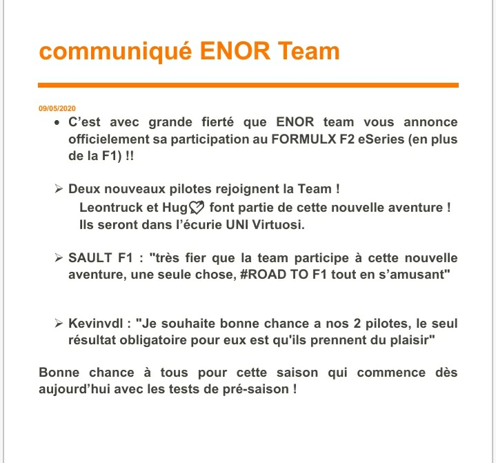 Enoresport's tweet photo. Communiqué ENOR Team !
La team participera au @FORMUL_X F2 eSeries. Une nouvelle aventure commence !
Bienvenue à @LonRobert3 et @F1_iRedZ 

#FXF2ES #f2esports #EnorTeam #F1 #RoadtoF1 https://t.co/Pl5oBNpBGE