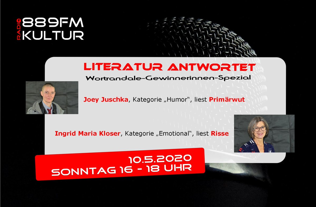 Am 10.5.2020 von 16-18Uhr das Gewinnerinnen-Spezial! Joey Juschka und Ingrid Maria Kloser im Interview. Joey Juschka in der Kategorie "Humor" mit ihrem Text "Primärwut". Ingrid Maria Kloser siegte in der Kategorie "Emotional" mit Risse.  
Zu hören hier:
stream.laut.fm/889fmkultur