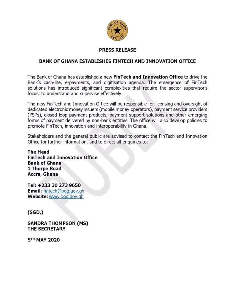 NavcoinA's tweet photo. The Bank of Ghana has established a new FinTech and Innovation Office to drive the Bank’s cash-lite, e-payments, and digitisation agenda. The future is bright, keep #buidling  #blockchain https://t.co/dc6wbe8U9q