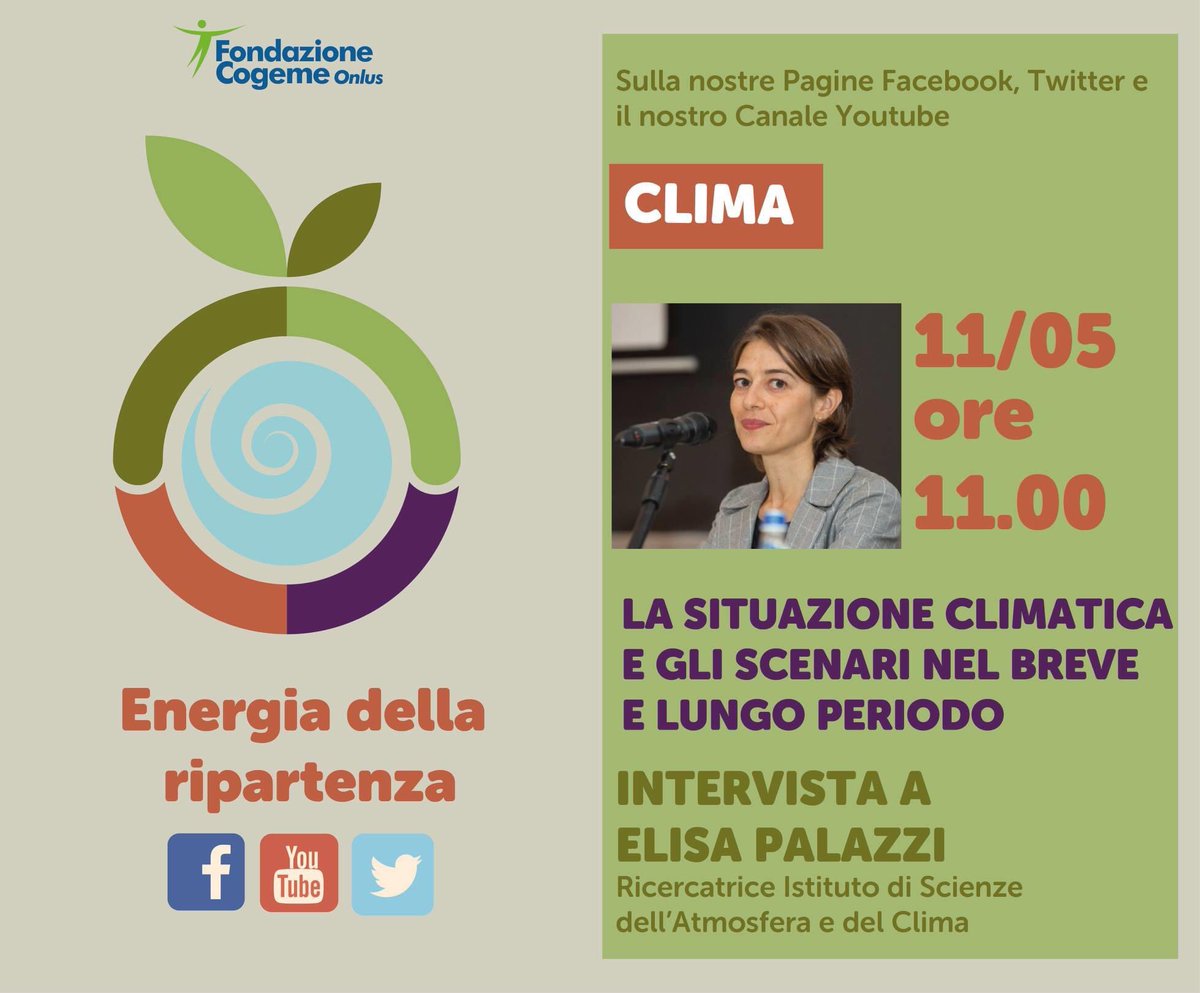 ✨ Energia della #RIpartenza – CLIMA
Continuiamo a parlare di Clima con Elisa Palazzi, Ricercatrice ISAC.
 Parleremo di scenari futuri.. ma non troppo! 
Clicca bit.ly/2xfHrCJ per vedere tutti gli appuntamenti dell’energia della #Ripartenza.