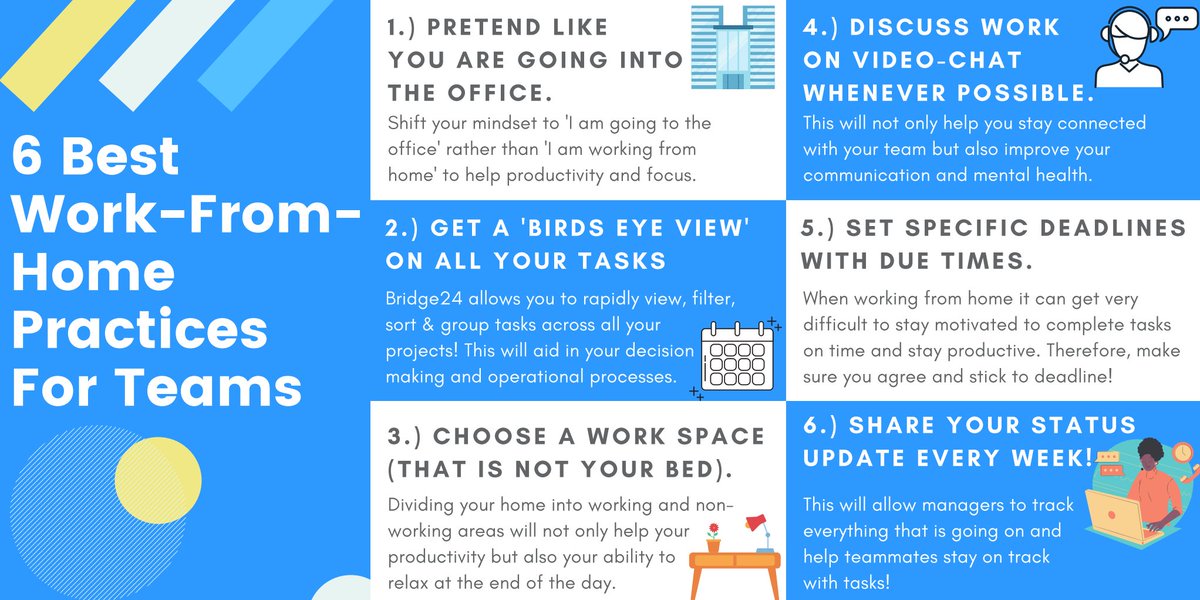 Bridge24App's tweet photo. Here are some tips for teams that are working from home!
#productivity #management #managementtips #remotework #organizationtips #productivityapp #remoteworker #trelloapp #productivitytips #productivityhacks #productivitytools https://t.co/ExTgU1ChNM