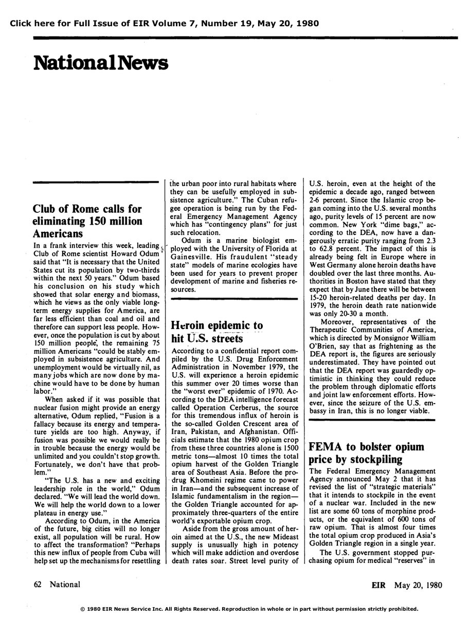 64) In its May 20, 1980 issue, Executive Intelligence Review reported a shocking quote from leading Club of Rome Scientist Howard Odum: “It is necessary that the United States cut its population by two-thirds within the next 50 years.” https://larouchepub.com/eiw/public/1980/eirv07n19-19800520/eirv07n19-19800520_062-national_news.pdf