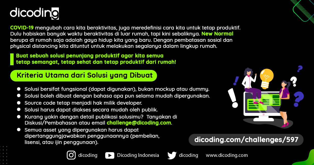 dicoding's tweet photo. Bisa bikin solusi digital buat #dirumahaja jadi semangat?
Boleh terkait sama produktivitas kerja, ibadah, olah raga, hobi, dan semua hal berfaedah lainnya
Berani? Submit karyamu ke π https://t.co/18aFEIhhuy s.d. 31 Mei 2020 ya
#dicoding #dicodingchallenges https://t.co/84kukr009Q