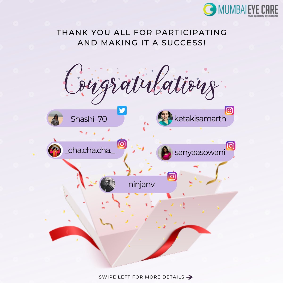 mumbaieye's tweet photo. Thank you, everyone, for participating and making this a success for us. We loved all your responses and appreciate your time and effort. 

Congratulations to our winners and stay tuned for more!
@shashi_70  

#MumbaiEyeCare #ExperienceChange #MothersDay2020 #ContestGiveAway https://t.co/CnNz7lszM9