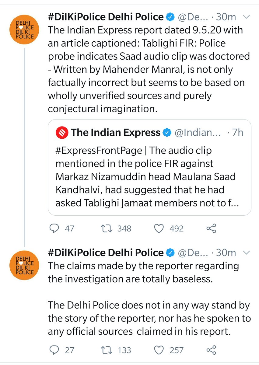 I'd quoted/shared @IndianExpress article. I've deleted it after @DelhiPolice's tweet.